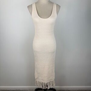 Future Collective Alani Noelle Cream Knit Fringe Midi Dress Boho Creamy Sz Small